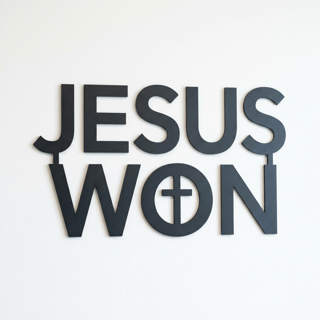 Wall art spelling JESUS WON with a cross inside the letter O.