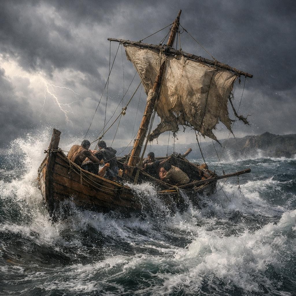 Wooden sailboat with torn sails battling rough ocean waves and stormy skies