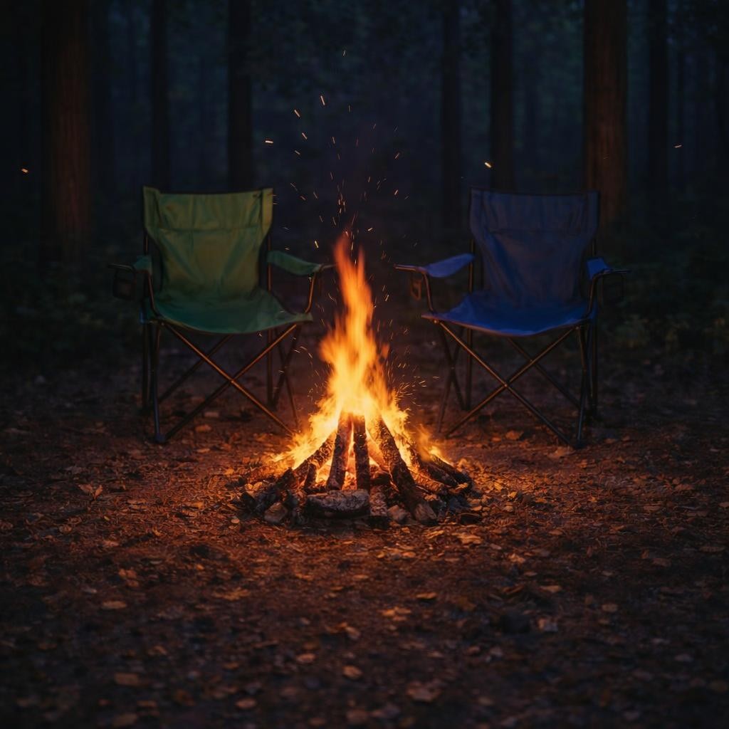 Two chairs placed around a glowing campfire in a dark forest at night