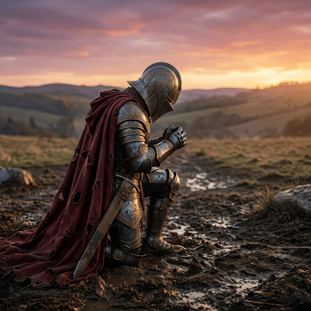 Medieval knight's helmet with gold engravings on stone with smoke around